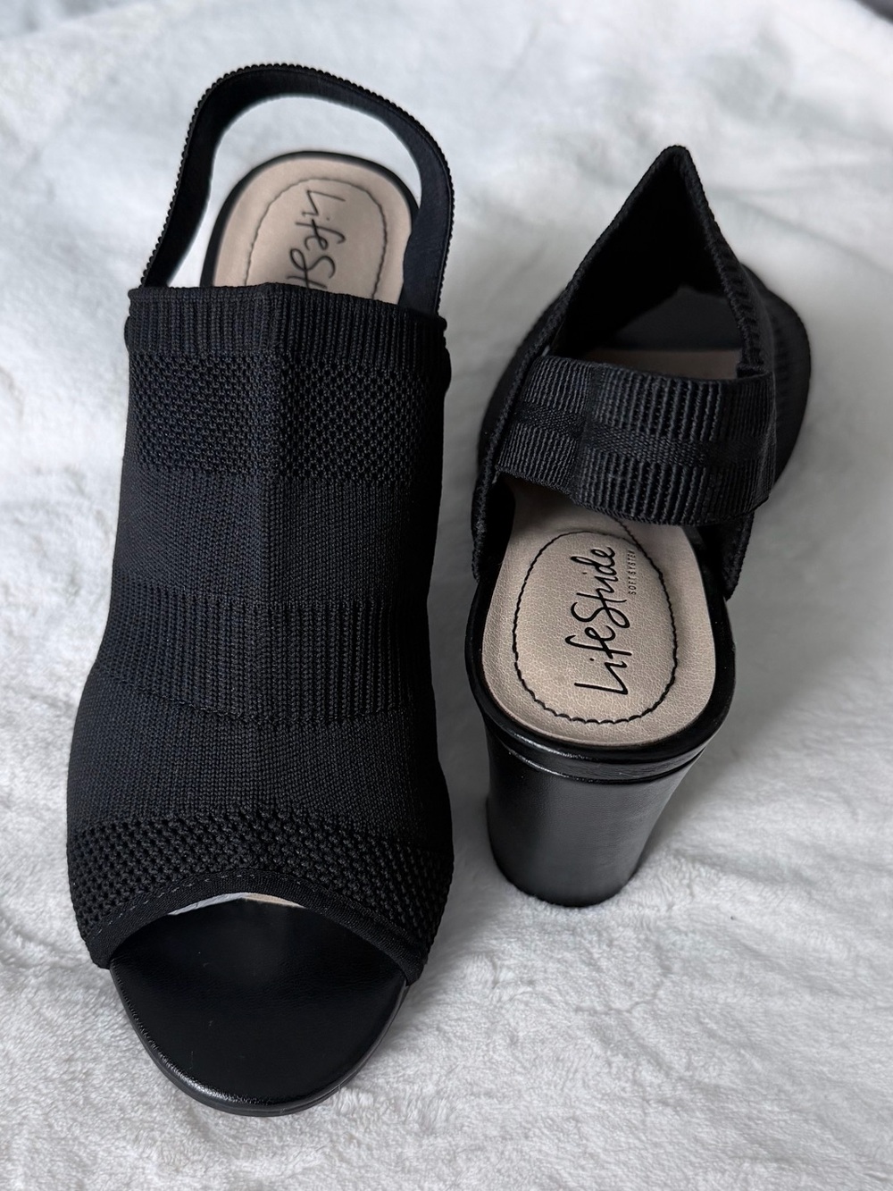 NWOT LifeStride Knit Slingback Peep Toe Block Heel Sandals – Black – Women’s 7.5 - Picture 4 of 7